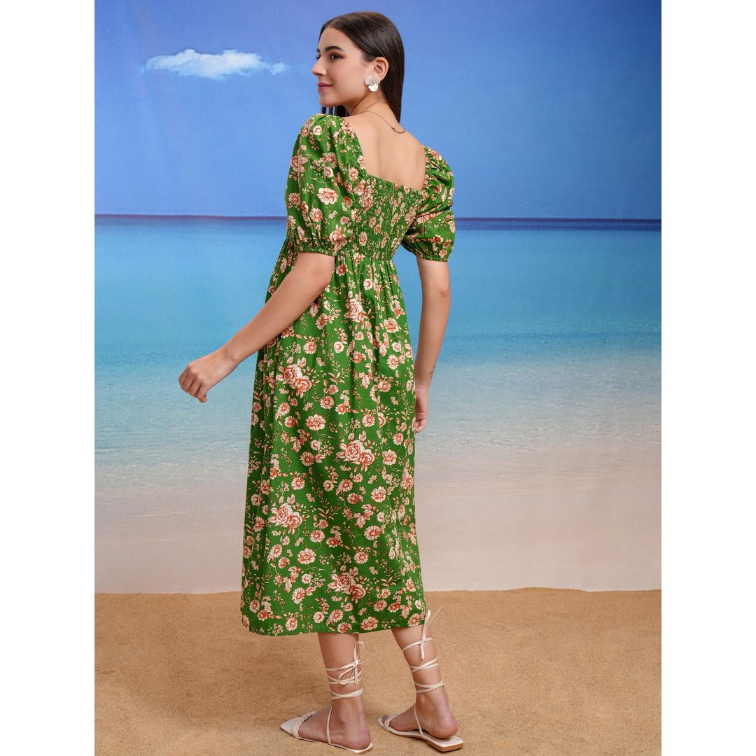 Tokyo Talkies Women's Floral Fit & Flare Square Neck Midi Dress