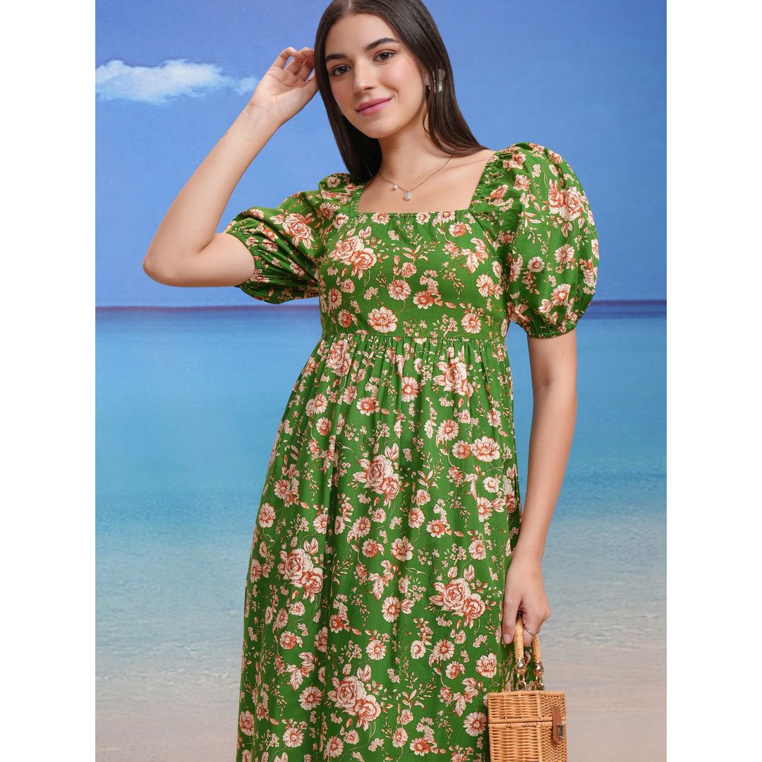 Tokyo Talkies Women's Floral Fit & Flare Square Neck Midi Dress