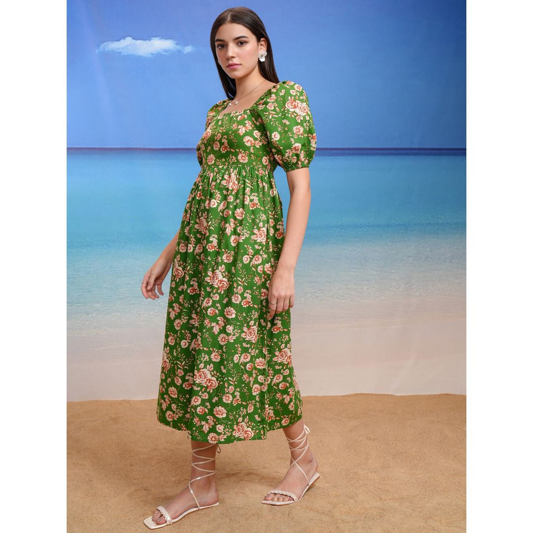 Tokyo Talkies Women's Floral Fit & Flare Square Neck Midi Dress