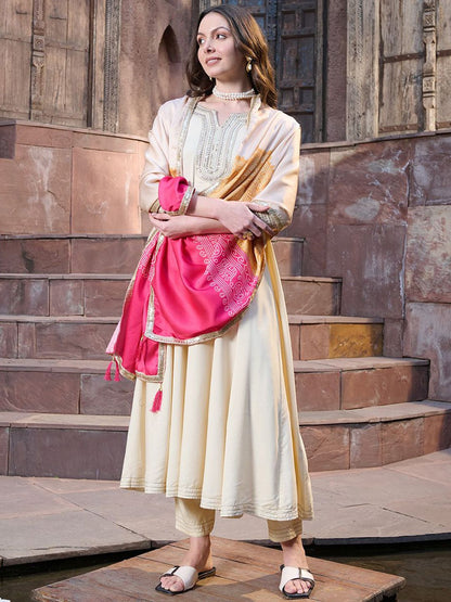 Women Embroidered Empire Mirror Work Kurta with Trousers & With Dupatta
