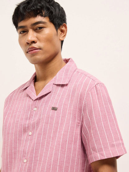 Relaxed Fit Vertical Striped Short Sleeves Linen Shirt