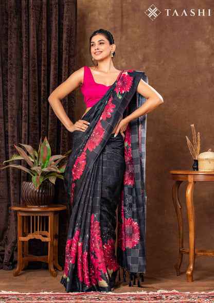 Black Checks And Bold Floral Printed Satin Saree