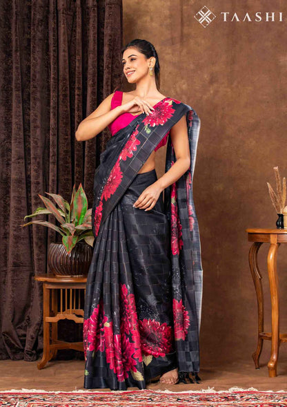 Black Checks And Bold Floral Printed Satin Saree