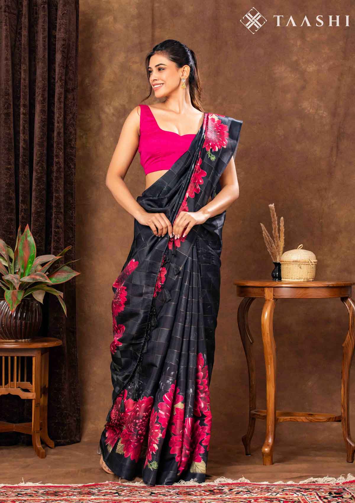 Black Checks And Bold Floral Printed Satin Saree