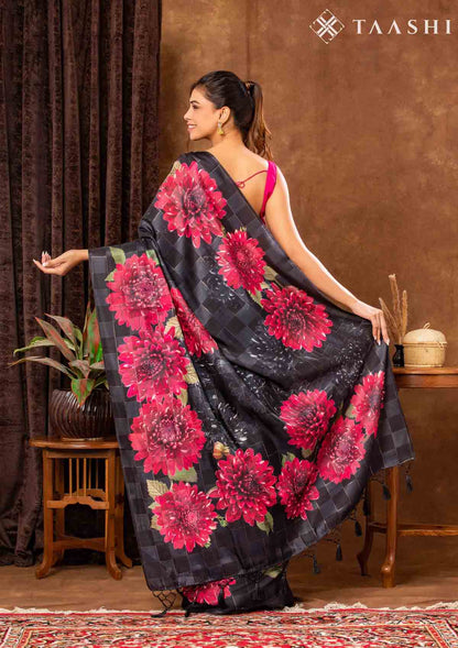 Black Checks And Bold Floral Printed Satin Saree