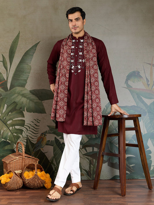 Men’s Maroon Viscose Kurta with Mirror Work & Zari Weaving