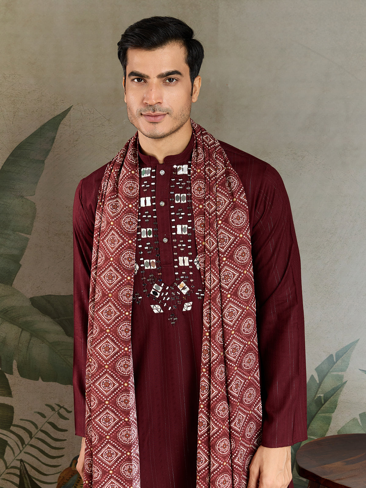 Men’s Maroon Viscose Kurta with Mirror Work & Zari Weaving