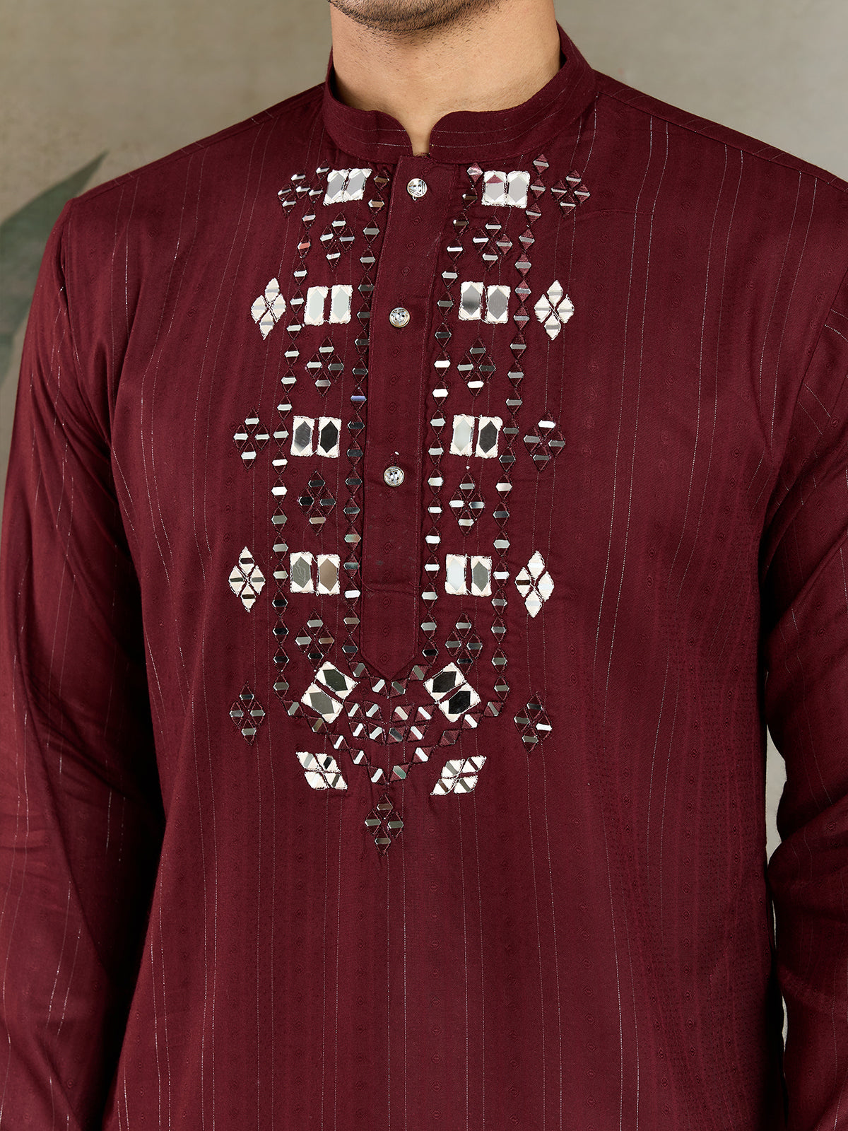 Men’s Maroon Viscose Kurta with Mirror Work & Zari Weaving