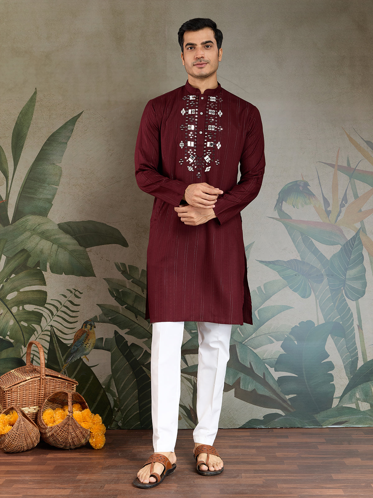 Men’s Maroon Viscose Kurta with Mirror Work & Zari Weaving