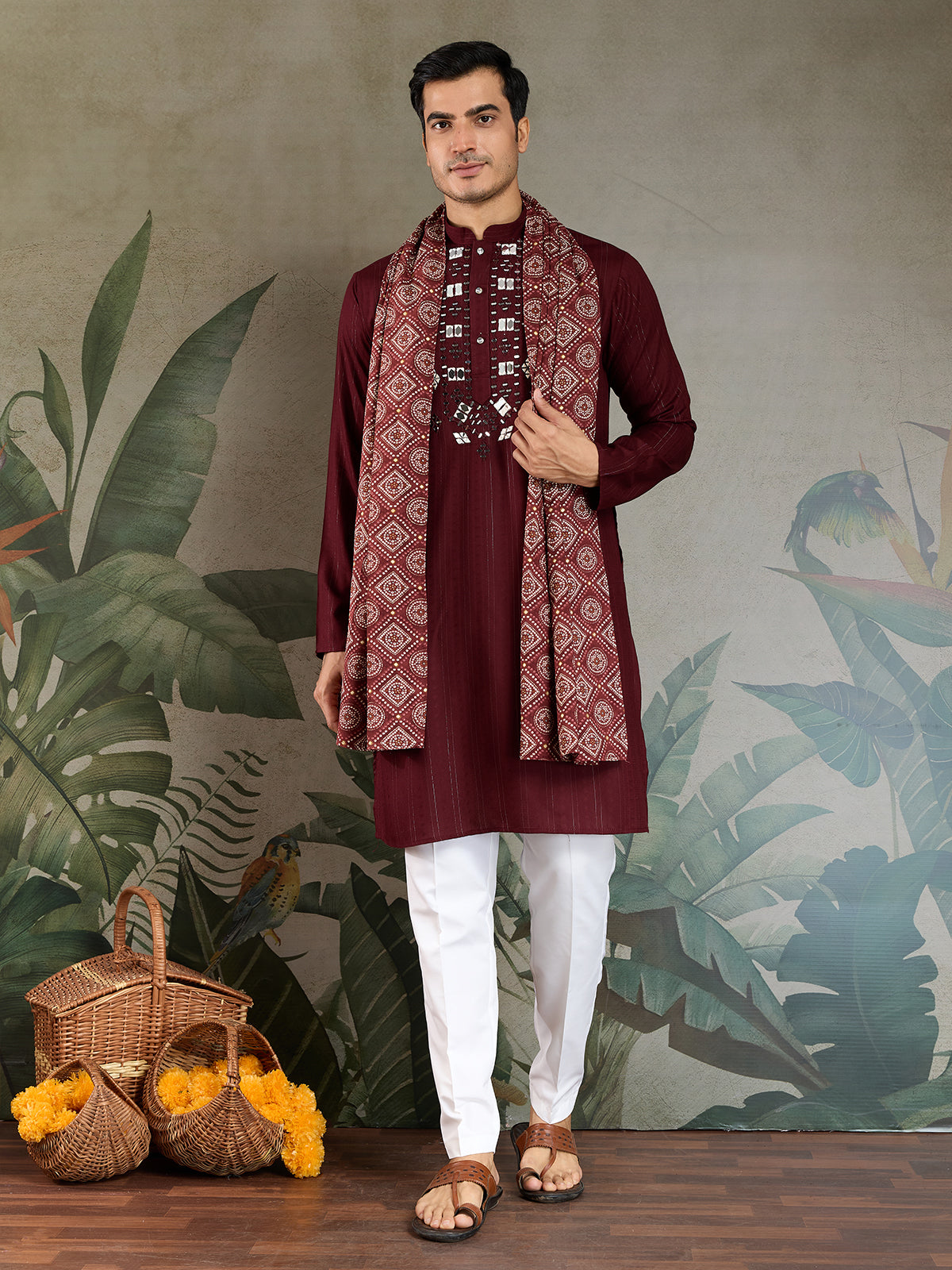 Men’s Maroon Viscose Kurta with Mirror Work & Zari Weaving