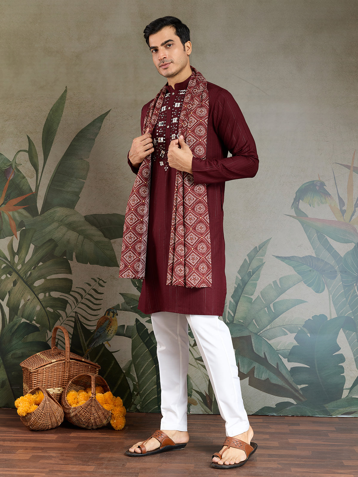 Men’s Maroon Viscose Kurta with Mirror Work & Zari Weaving