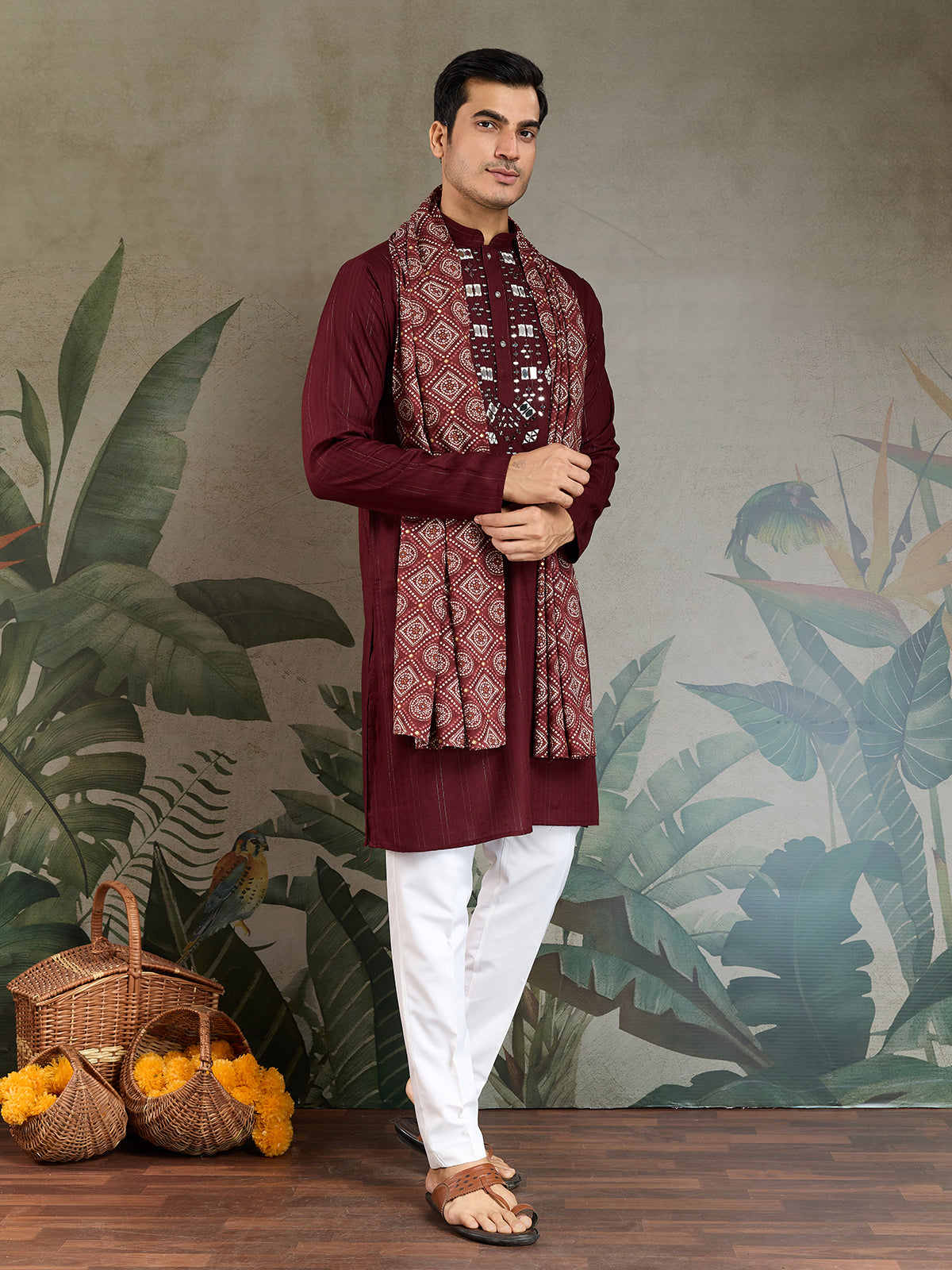 Men’s Maroon Viscose Kurta with Mirror Work & Zari Weaving