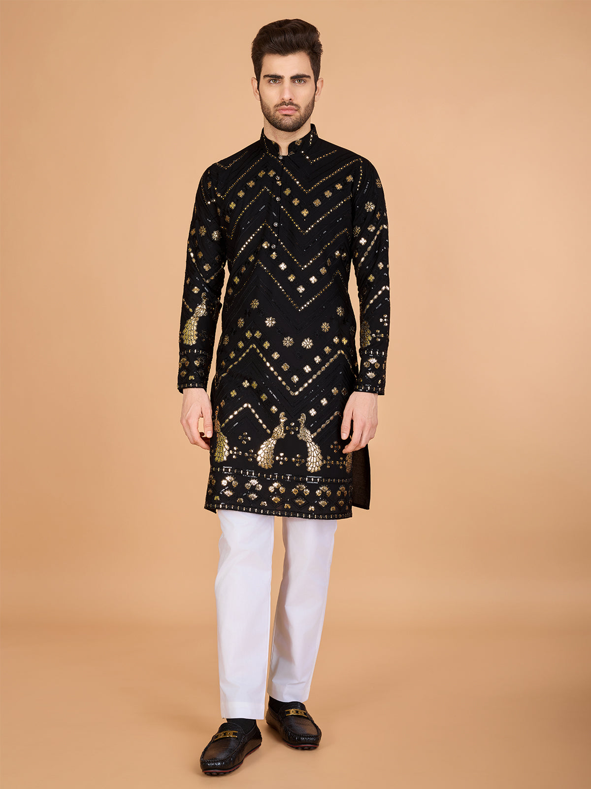 Embroidered Black Viscose Rayon Men's Kurta