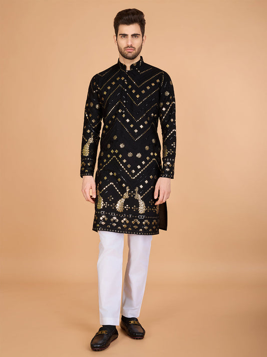 Embroidered Black Viscose Rayon Men's Kurta