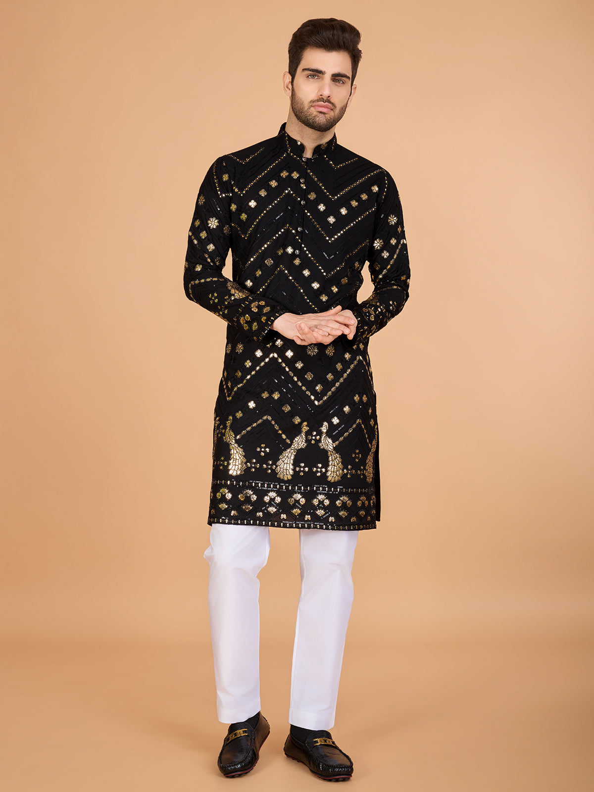 Embroidered Black Viscose Rayon Men's Kurta