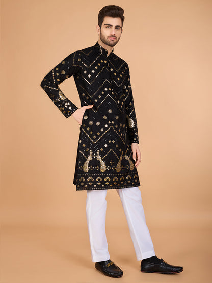 Embroidered Black Viscose Rayon Men's Kurta