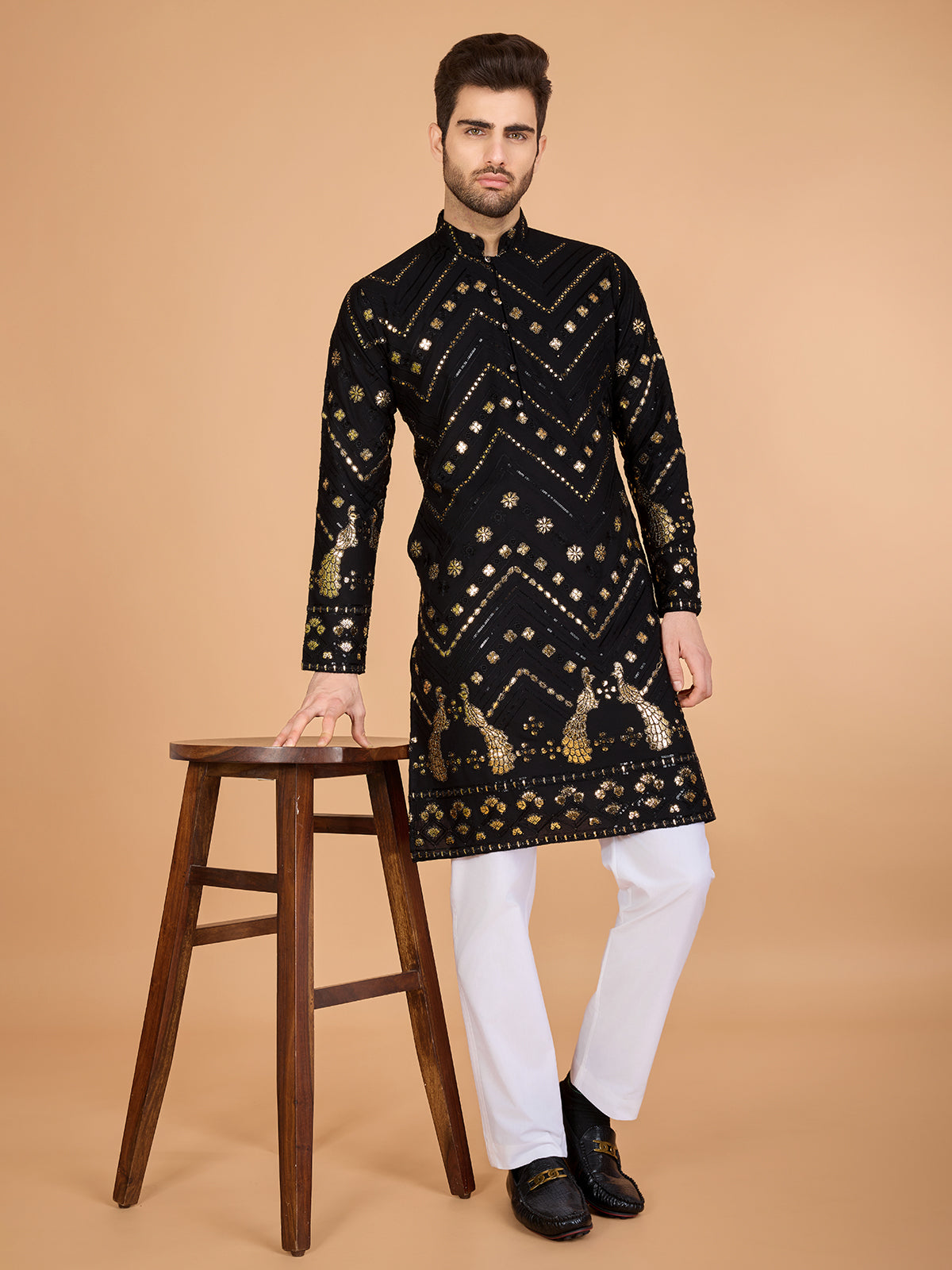 Embroidered Black Viscose Rayon Men's Kurta
