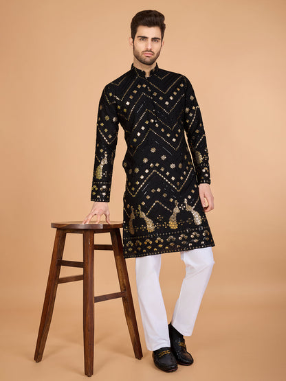 Embroidered Black Viscose Rayon Men's Kurta