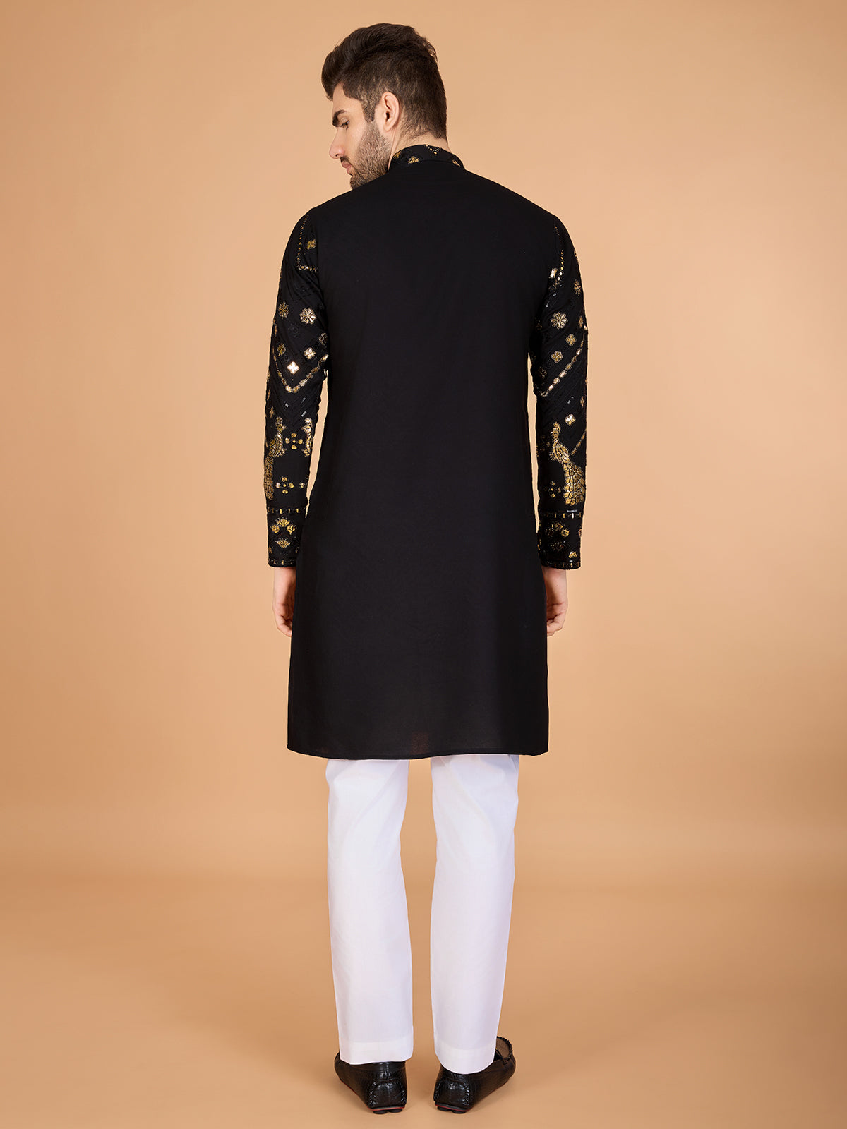Embroidered Black Viscose Rayon Men's Kurta