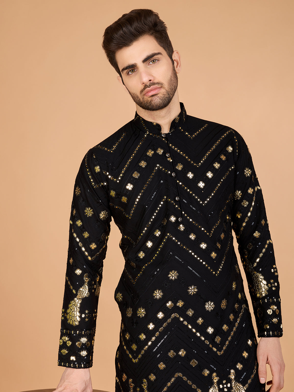 Embroidered Black Viscose Rayon Men's Kurta