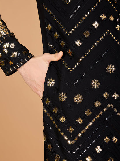 Embroidered Black Viscose Rayon Men's Kurta