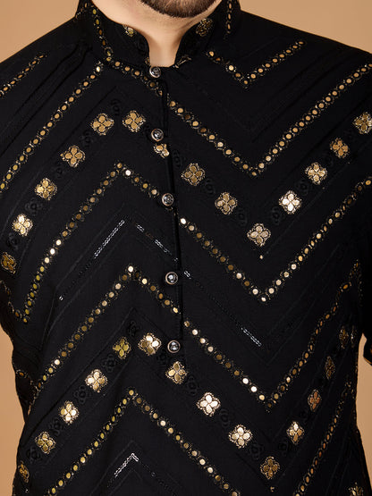 Embroidered Black Viscose Rayon Men's Kurta