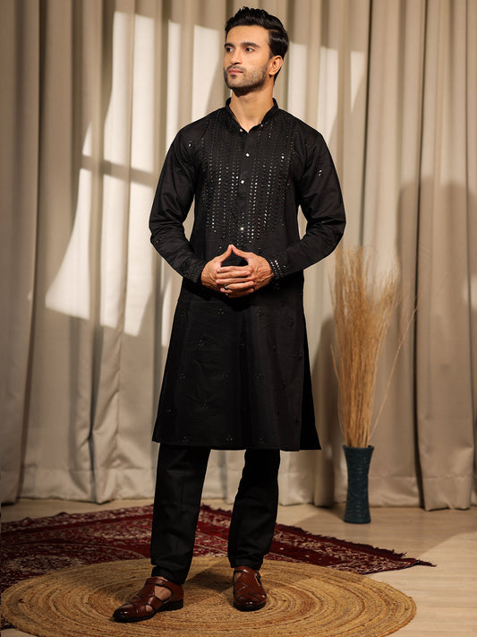 Men's Black Rolex Silk Kurta Set with Embroidery & Weaving Work