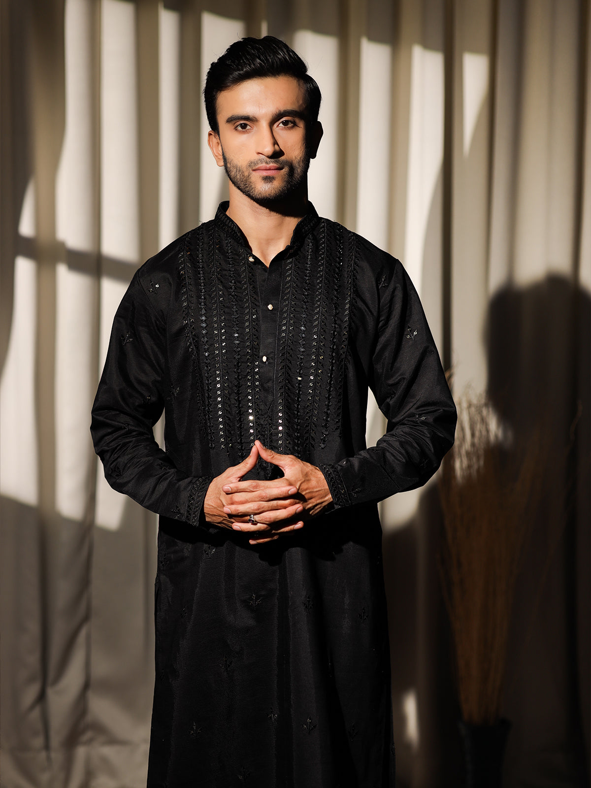 Men's Black Rolex Silk Kurta Set with Embroidery & Weaving Work