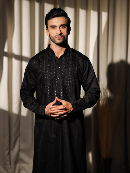 Men's Black Rolex Silk Kurta Set with Embroidery & Weaving Work