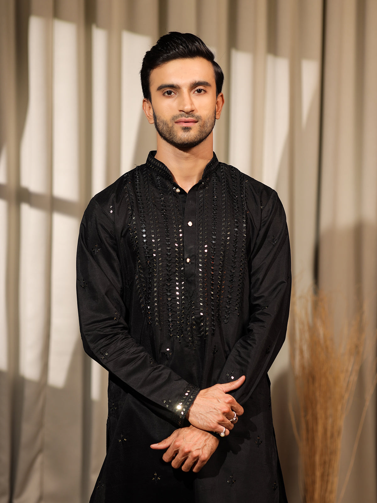 Men's Black Rolex Silk Kurta Set with Embroidery & Weaving Work