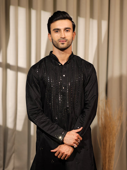 Men's Black Rolex Silk Kurta Set with Embroidery & Weaving Work