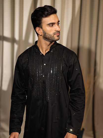 Men's Black Rolex Silk Kurta Set with Embroidery & Weaving Work