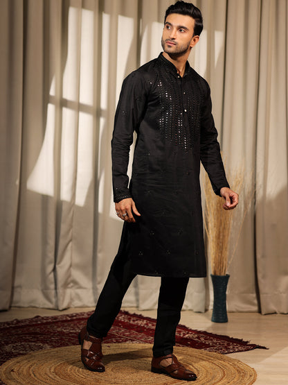 Men's Black Rolex Silk Kurta Set with Embroidery & Weaving Work