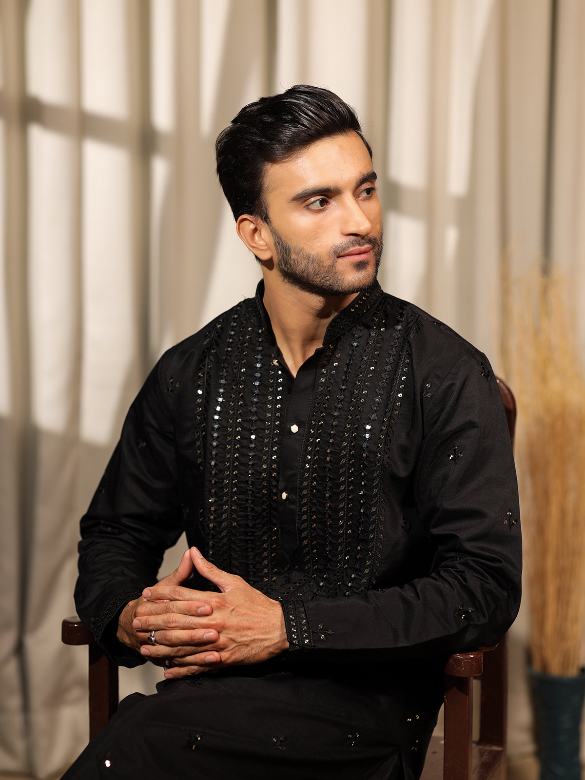 Men's Black Rolex Silk Kurta Set with Embroidery & Weaving Work