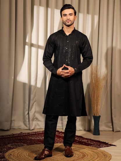 Men's Black Rolex Silk Kurta Set with Embroidery & Weaving Work