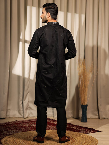 Men's Black Rolex Silk Kurta Set with Embroidery & Weaving Work