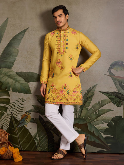Thread & Sequin Embroidered Yellow Viscose Silk Kurta