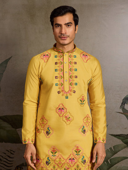 Thread & Sequin Embroidered Yellow Viscose Silk Kurta