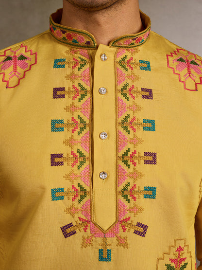 Thread & Sequin Embroidered Yellow Viscose Silk Kurta