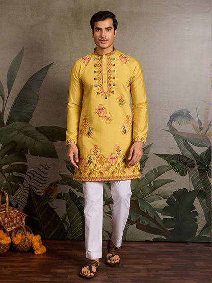 Thread & Sequin Embroidered Yellow Viscose Silk Kurta