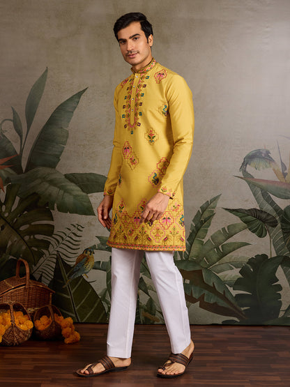 Thread & Sequin Embroidered Yellow Viscose Silk Kurta