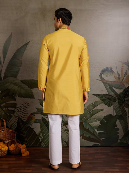 Thread & Sequin Embroidered Yellow Viscose Silk Kurta
