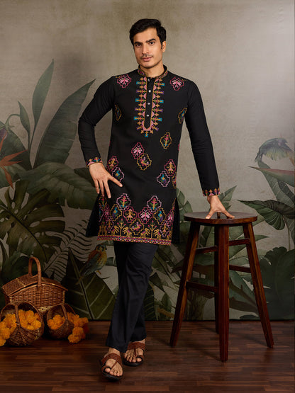 Designer Black Viscose Silk Kurta for Men for Navratri