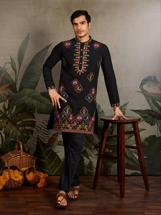 Designer Black Viscose Silk Kurta for Men for Navratri