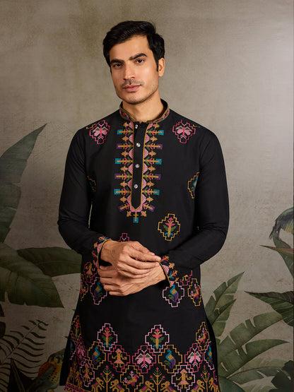Designer Black Viscose Silk Kurta for Men for Navratri