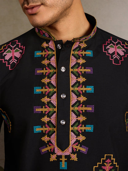 Designer Black Viscose Silk Kurta for Men for Navratri