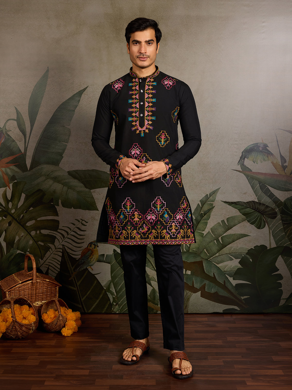 Designer Black Viscose Silk Kurta for Men for Navratri