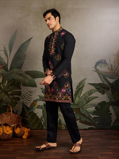 Designer Black Viscose Silk Kurta for Men for Navratri