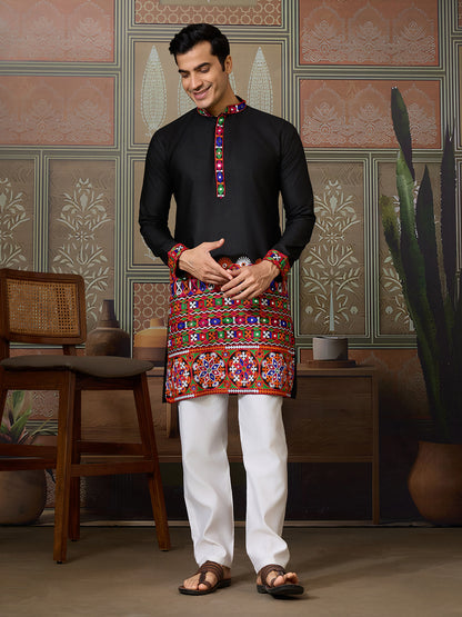 Black Cotton Silk Kurta for Men with Multi-Thread & Mirror Work