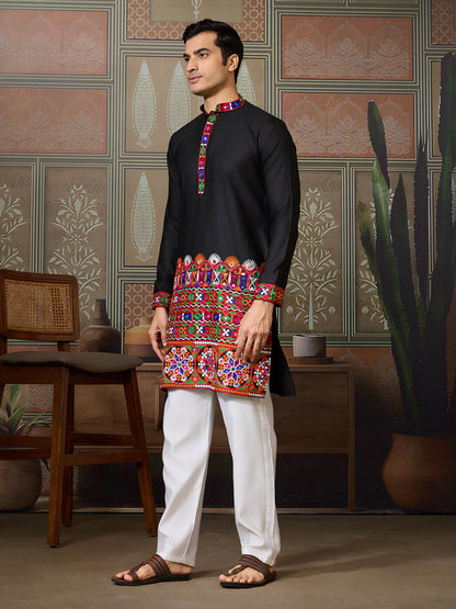 Black Cotton Silk Kurta for Men with Multi-Thread & Mirror Work